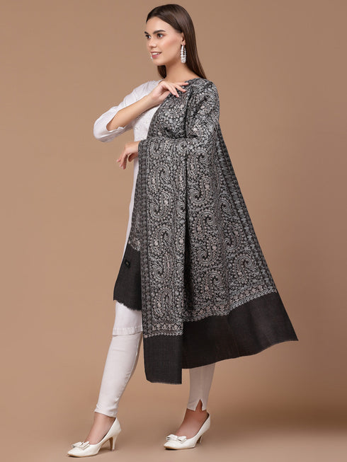 Women's Greyish Black Silky Aari Embroidery Wool Shawl